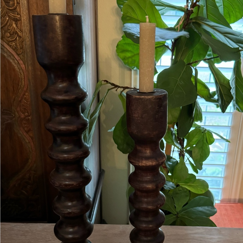Set of 2 Hand Carved Mango Wood Taper Candle Holders ( 17” & 21”)